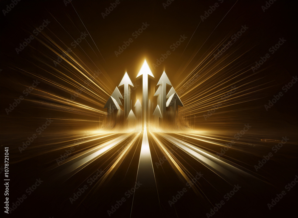 Poster Five silver arrows point upward in a dark background with streaks of light radiating from them.
