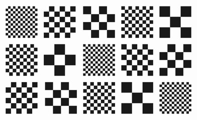 Square, block, tile, chess, and QR code inspired elements in modern Memphis style. Set of black and white checkered patterns with seamless grid designs. High quality vector illustrations