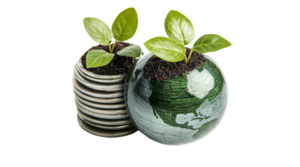 Growing Seedlings on Coin Stack with Green Globe - Sustainable Finance Concept