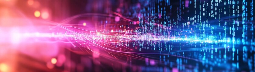 Abstract digital background with binary code and glowing light.