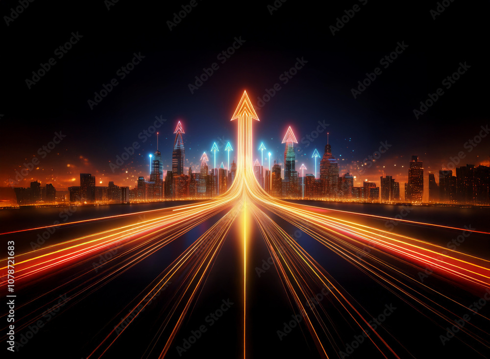 Poster a city skyline with a large glowing arrow pointing upward at the end of a highway with streaks of li