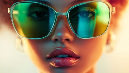 Stylish Woman Wearing Green Sunglasses Red Lipstick