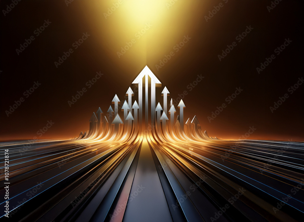 Poster Many silver arrows rise from a path of glowing lines to reach the top of a golden light.