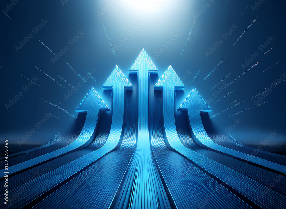 Poster five blue arrows point upwards and converge in the center against a dark blue background. light rays