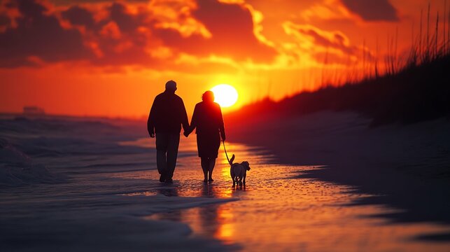 Silhouettes of senior couple, man and woman with dog walking along sand beach enjoying beautiful summer sunset.