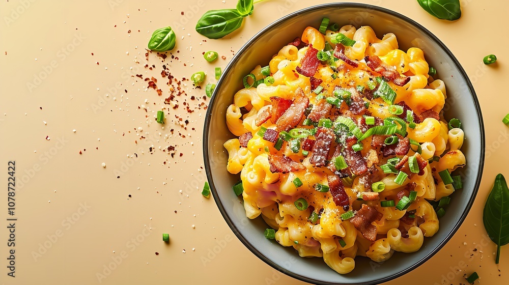 Poster an up-close view of a container of macaroni and cheese with green onions and pieces of bacon on a cl