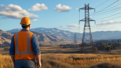 Worker in Orange Safety Vest and Yellow Hard Hat at the Base of Towering Electricity Towers