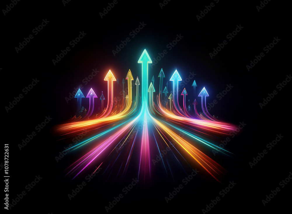 Poster A group of glowing, multi-colored arrows point upward in a dark background.