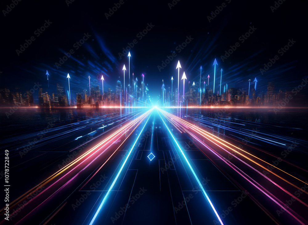 Poster a futuristic city skyline with glowing neon lines and arrows, depicting a path to progress and innov