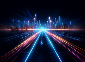 A futuristic city skyline with glowing neon lines and arrows, depicting a path to progress and innovation.