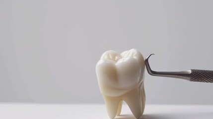 A Single Tooth Standing Isolated with a Tool Beside It on a Clean White Background. Detailed View of Dental Object and Associated Implement in a Plain Setting.