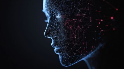 Abstract digital portrait of a woman's face made of interconnected lines and dots.