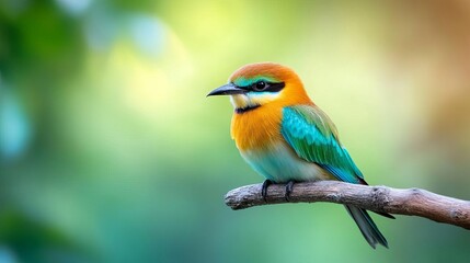Fototapeta premium A vibrant blue-tailed bee-eater perched on a branch against a blurred green background.