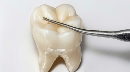 A Single Tooth Standing Isolated with a Tool Beside It on a Clean White Background. Detailed View of Dental Object and Associated Implement in a Plain Setting.