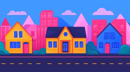 Naklejka premium Explore the Vibrant Charm of a Colorful Suburban Street Scene Featuring Unique Architecture and Lively Neighborhoods