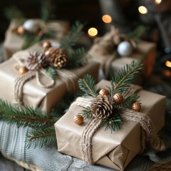 Eco-friendly gift wrapping with recycled paper and natural decorations, green holidays