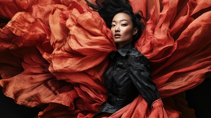 Elegant woman in flowing red fabric exudes grace and confidence, AI