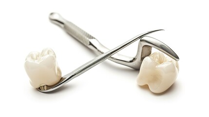 A Single Tooth Standing Isolated with a Tool Beside It on a Clean White Background. Detailed View of Dental Object and Associated Implement in a Plain Setting.