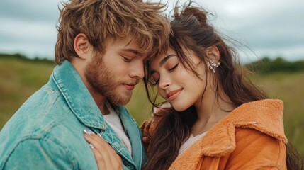 Fototapeta premium Soulmates Touching Foreheads, Tender Embrace, Pure Affection, Romantic Couple, Intimate Moments, Loving Relationship, True Connection, Deep Love, Couple Goals, Relationship Inspiration, Relationship