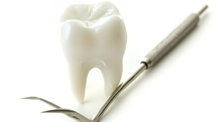 A Single Tooth Standing Isolated with a Tool Beside It on a Clean White Background. Detailed View of Dental Object and Associated Implement in a Plain Setting.