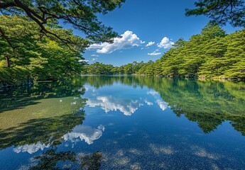 Fototapeta premium Serene Japanese Lake Reflection with Green Trees