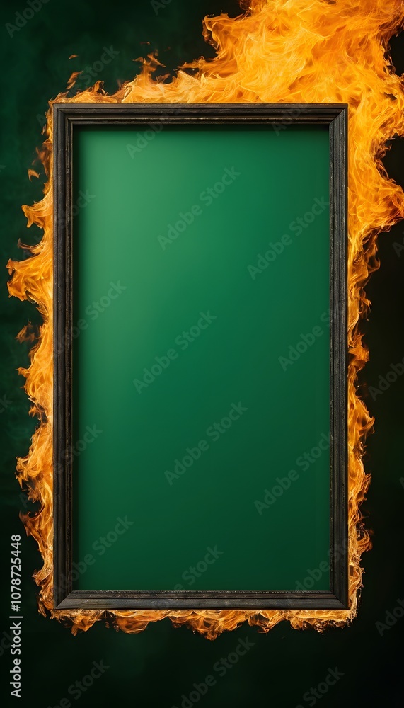 Poster empty green poster frame over a fiery background perfect for displaying creative artwork or announce