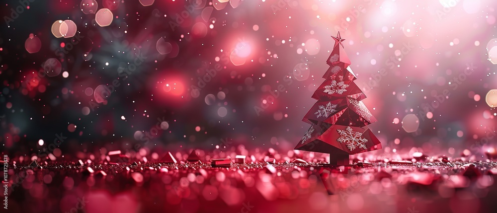 Poster an overview featuring a large text area and an abstract polygonal christmas tree with snowflakes and