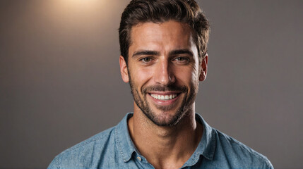 Fototapeta premium A young man in a blue shirt smiles brightly against a gray backdrop