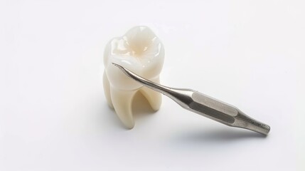 A Single Tooth Standing Isolated with a Tool Beside It on a Clean White Background. Detailed View of Dental Object and Associated Implement in a Plain Setting.