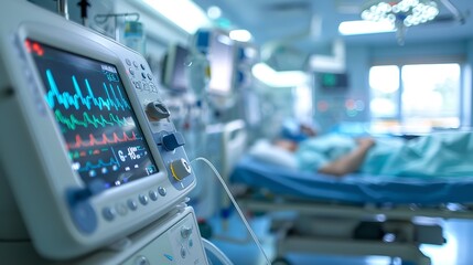 An up-close view of an active heart rate monitor in a hospital room featuring cutting-edge medical technology and a hazy patient bed with space, Generative AI.