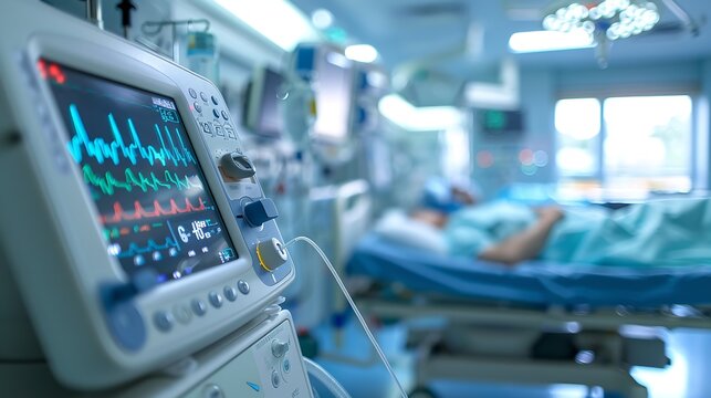 An up-close view of an active heart rate monitor in a hospital room featuring cutting-edge medical technology and a hazy patient bed with space, Generative AI.