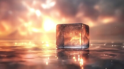 暖かい夕焼けを背景に、反射する表面に氷が 1 つ置かれています。