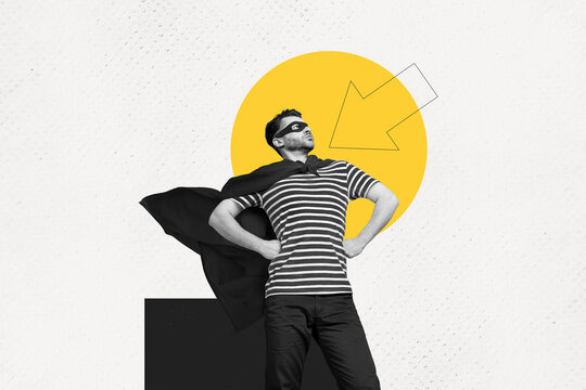 Photo collage template portrait of strong superhero man wear cape stylish mask posing arrow directing his ego isolated on white background