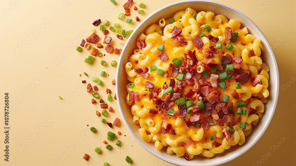 Poster an up-close view of a container of macaroni and cheese with green onions and pieces of bacon on a cl