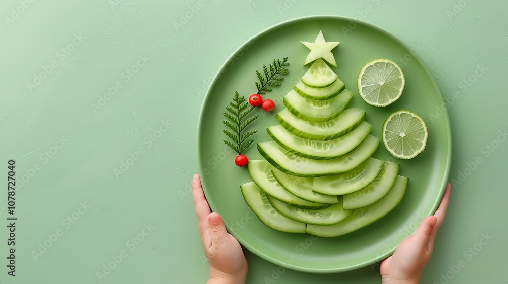 Poster a shot of a cucumber christmas tree in a plate with a child's hand gripping it is shown from above a