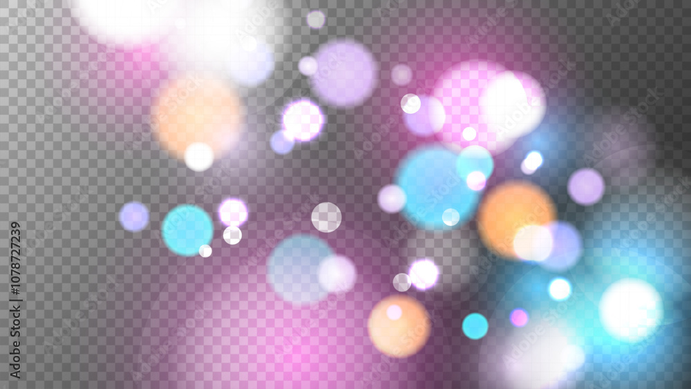 Poster vibrant bokeh lights. bright blur light effect. abstract blurred overlay design. transparent backgro