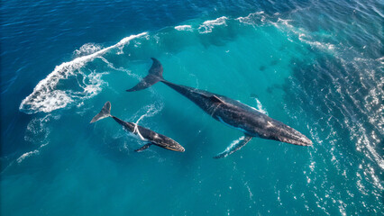 Fototapeta premium Aerial View of a Whale and Calf Swimming in Turquoise Waters