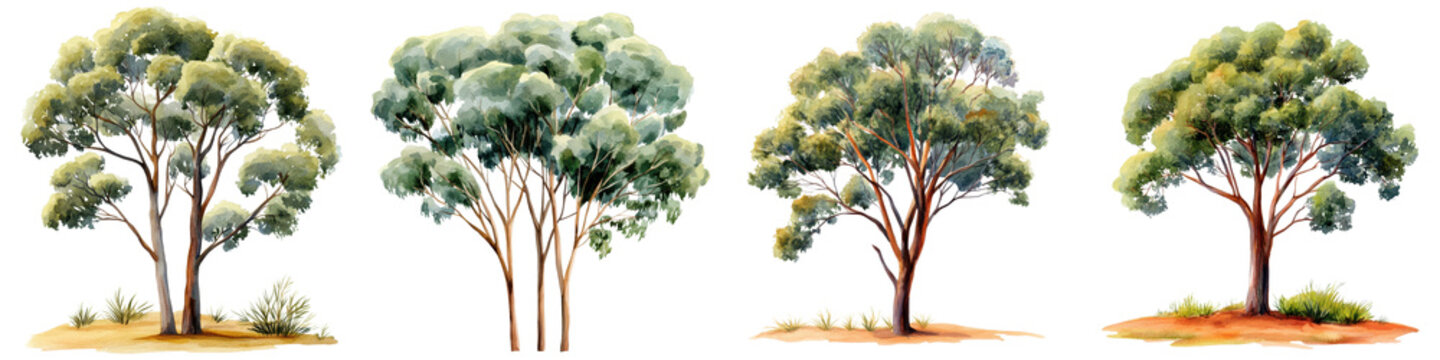 Vibrant Ironbark Tree Landscape in Watercolor Painting Style  depiction of the rugged and textured bark of an ironbark tree in a lush natural environment