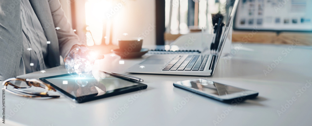 Poster hologram, tablet and business person in office with tech for global networking, online connection an