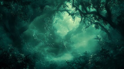 Fototapeta premium Deep forest green background with wisps of light smoke and a soft, glowing effect