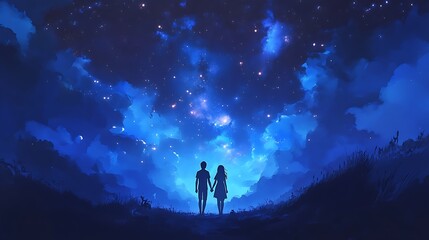 Silhouette of a Couple Holding Hands Under a Starry Sky