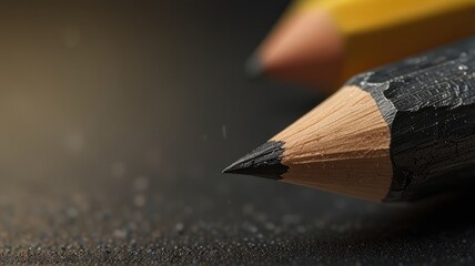 Closeup of a sharpened black pencil with a yellow pencil in the background.