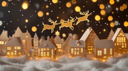 Fototapeta premium Golden Paper Cutout of Santa and Reindeer