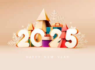 Happy New year poster 2025. White numbers with gift boxes and Christmas tree. Bright greeting card design.