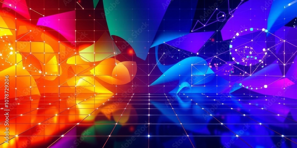 Poster precisely arranged glossy cubes in violet and orange hues creating a modern tech background, contemp