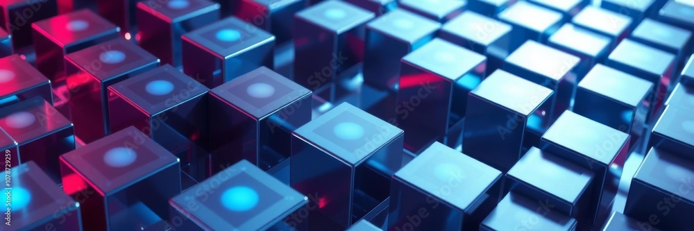 Poster precisely arranged glossy cubes on grey innovative tech background 3d render, technology, reflection