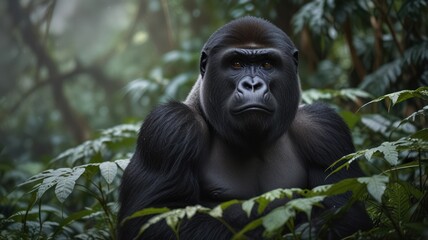 Obraz premium A powerful silverback gorilla stares intensely from the jungle foliage.
