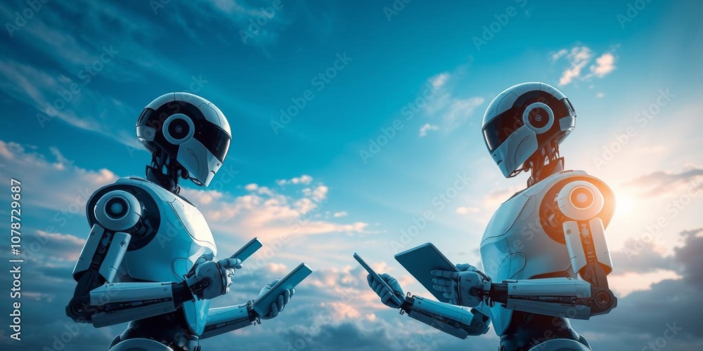 Poster robots in a futuristic setting communicating through tablet pcs under the vibrant sky, robots, commu