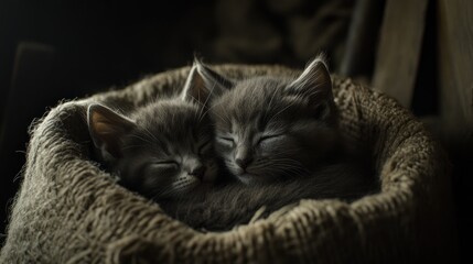 Two Fluffy Kittens Snuggling in a Basket