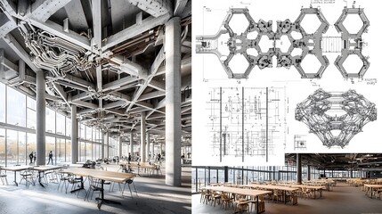 Fototapeta premium Construction Details: A collage-style image combining snippets of various engineering drawings—structural beams, electrical circuits, and plumbing layouts—arranged like puzzle pieces. 